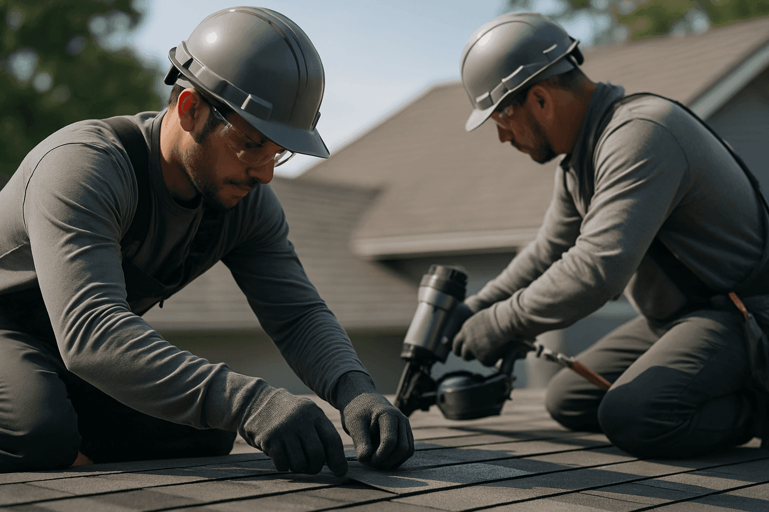 Residential roofing workers wearing helmets and gloves installing shingles on a clean roof