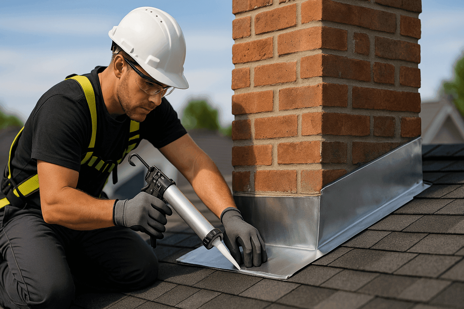 Technician sealing metal roof flashing around a chimney