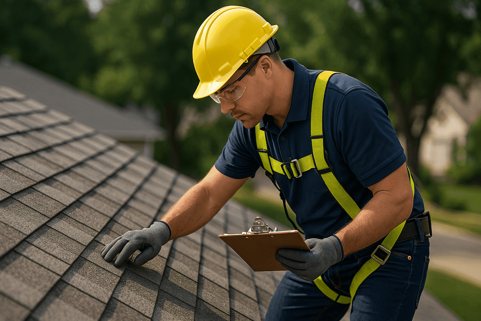 Roofing expert examining shingles for repair or replacement needs
